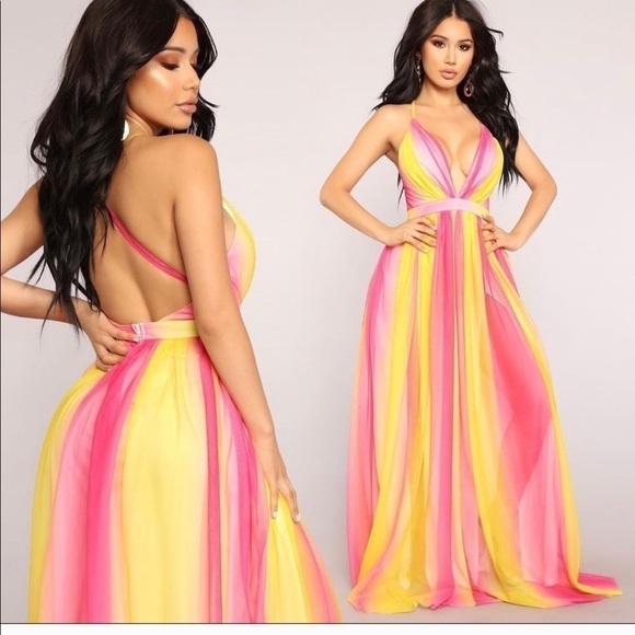 Fashionnova Hideaway Ombré Pink&Yellow Maxi Dress - Picture 1 of 15